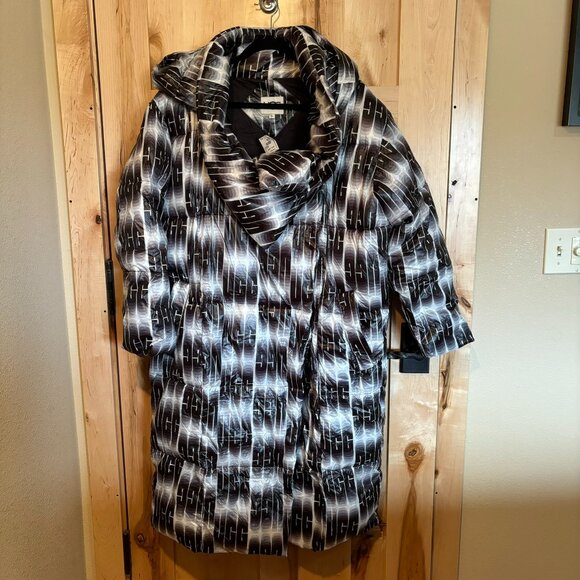 New Without Tags UGG Catherina Puffer Long Jacket Hood Logo White Gray Black M - Picture 1 of 14